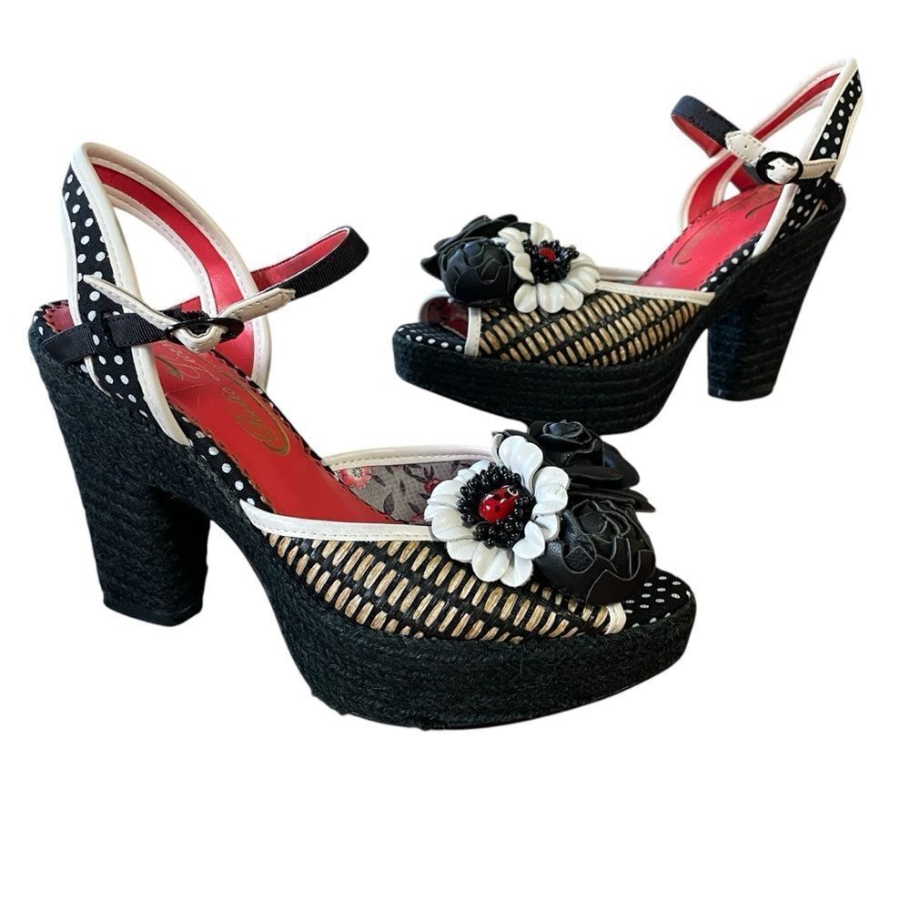 Poetic License Fancy Me Block Platform Heels Black Tan Red White Floral US 6